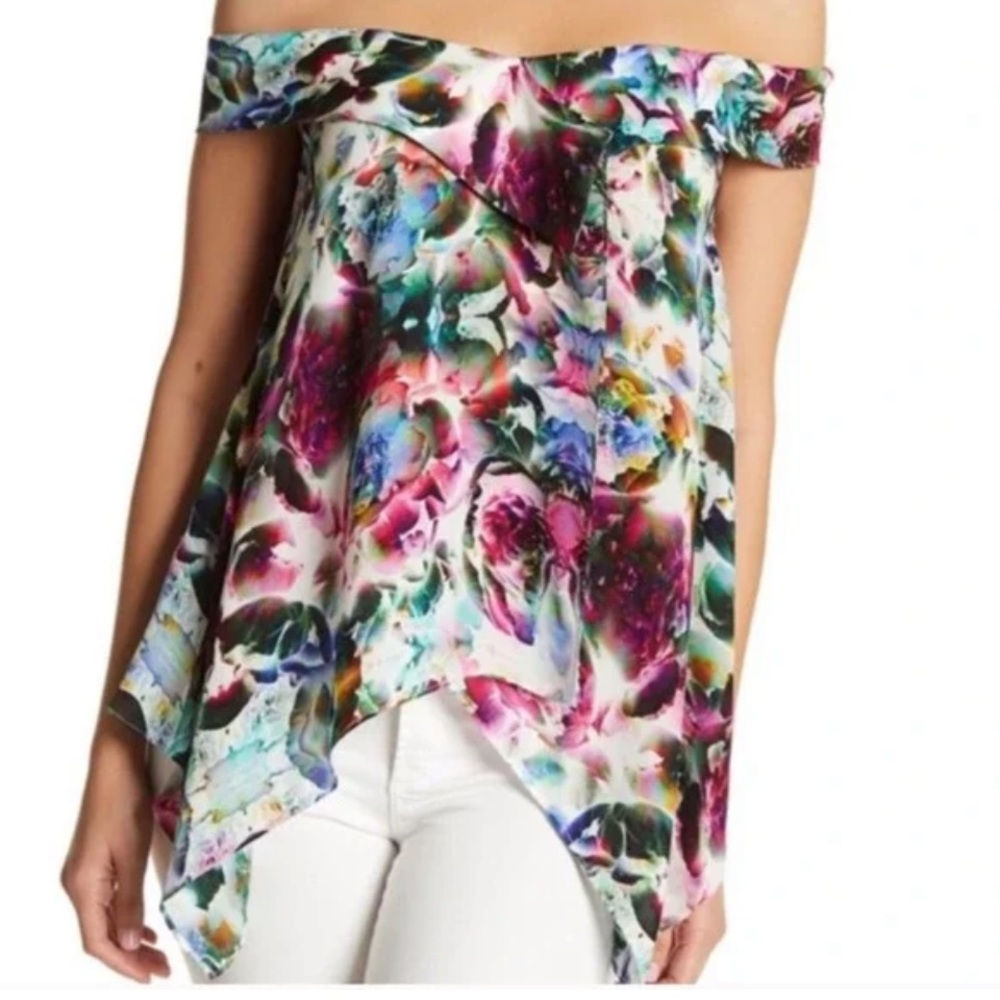 Nicole Miller Artelier Off-the-Shoulder Silk Floral Top P/XS